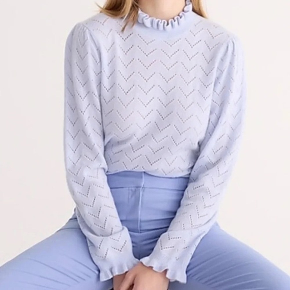 J. Crew Light Blue Pointelle Ruffle Neck Sweater Cashmere 100% Size M